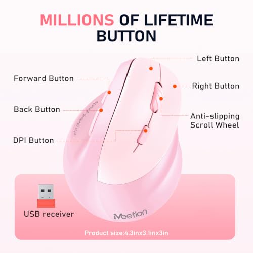 Image of MEETION Ergonomic Wireless Vertical Mouse, Rechargeable, Pink