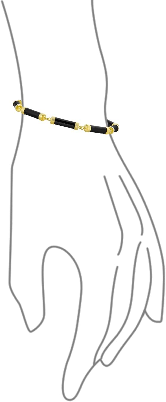 Bling Jewelry Asian Style Gemstone Black Onyx Genuine Multi Color Yellow Red White Green Jade Strand Contoured Tube Bar Link Bracelet For Women 14K Yellow Gold Plated .925 Sterling Silver 7.5 Inch