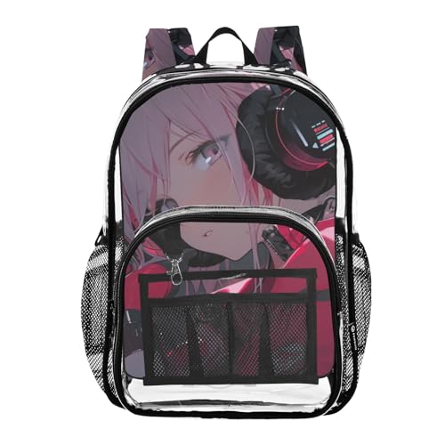Anime Headphones Beautiful Clear Backpack, Heavy Duty PVC Transparent Backpacks, See Through Multiple Pockets Bookbag for Women Concert Sport Venues Work Travel
