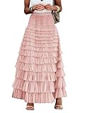 Flygo Women's Long Maxi Tulle Skirts A Line Ruffle High Waisted Tiered Layered Mesh Tutu Skirt Petticoat(Pink-S)