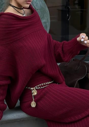 Image of Unybwonn Skirt Sets Women 2 Piece Outfits off the Shoulder Sweater and Knitted Skinny Maxi Skirts Fall Casual Outfits