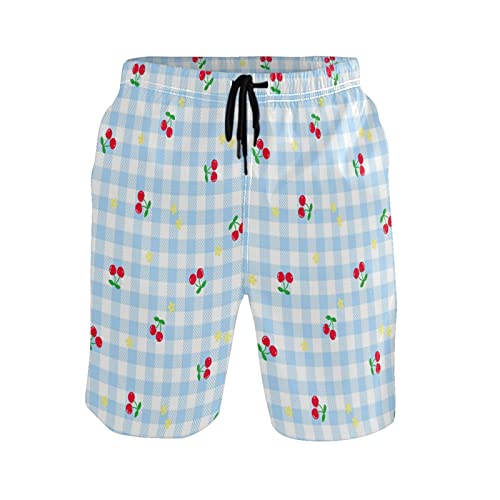 Cute Cherry Blue Check Men's Swim Trunks Beach Shorts Quick Dry Swim Board shorts With Pockets M