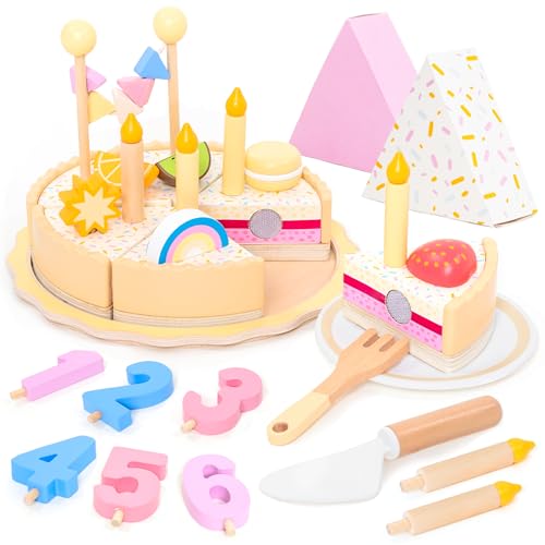 UMU Wooden Birthday Cake Toy 6-Slice Play Cake Set with Numbers Candles Fruits & Accessories Pretend Play Kitchen Toy for Boys and Girls Ages 36