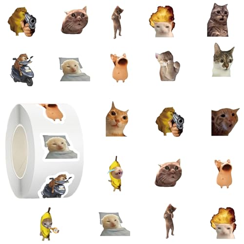 Cat Meme Stickers Roll - 500 Pcs 1inch Waterproof Vinyl Decals, 14 Expressive Animal Meme Designs for Journal, Laptop & Scrapbooking | Creative Decals for Teens and Adults