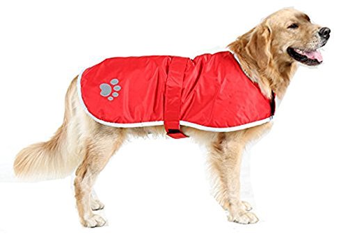 TOPSOSO Fashion Shop Dog Blanket Coat Reversible Winter Jacket with Waterproof Shell,Fleece Lining and Reflective Strip and Paw Print 3 Color for Choice. (Red, L(Back 20“)) …
