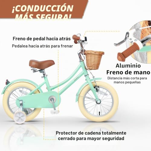 Miniatura 3 de Glerc Little Molly - Bicicleta Infantil De 14 Pulgadas, Bicicleta Retro Cruiser Para Niñas De 3 A 5 Años, Bicicleta Para Niños Con Cesta De Mimbre Y Ruedas De Entrenamiento, Color Verde Menta
