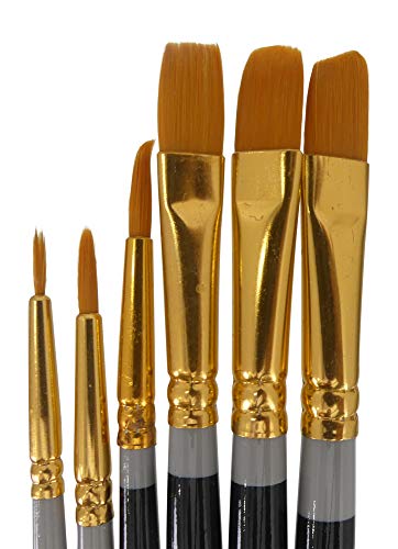 Artist's 100% Nylon Bristle Paint Brush Set, 6 Brushes, 3 Round, 1 Flat, 1 Filbert, 1 Angle, For Oil, Acrylic, Watercolor, Tempera, By Tech Team #TOP13