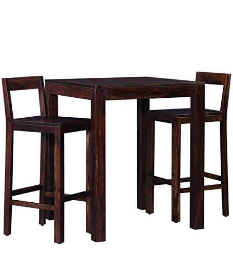 Image of Wooden Bar Dining Table and Chair /Solid Sheesham Wood Bar Table for Balcony with 2 Chairs (Solid Sheesham Wood, 2 Seater, Teak Finish)