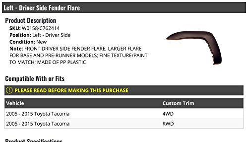 Left Driver Side Fender Flare - Paint To Match - Compatible With 2005-2015 Toyota Tacoma 4Wd Rwd #TOP1
