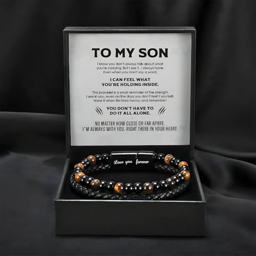 The Guardian - Son's Tiger Eye Protection Bracelet From Mom, Love You Forever Linked Together To My Son Leather Black Beads Engraved Cuff Bangle Birthday Jewelry Gift Card4