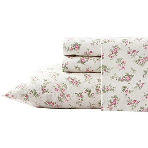 Image of Laura Ashley - Flannel Sheets Twin Size, Anti-Pilling & Wrinkle Resistant Cotton, Touchably Soft for All-Season Comfort - Bed Sheets with Matching Pillowcase & Fitted Sheet (Audrey Pink)