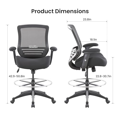 Image of BOLISS 400lbs Mid Back Mesh Ergonomic Drafting Chair for Standing Desk Office Wide Chair Built-in Lumbar Support Big Adjustable Foot Ring Height Adjustable Armrest (Black)