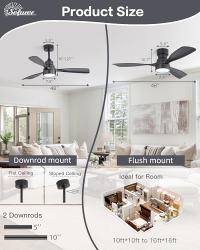 Image of Sofucor 48 Inch Wood Ceiling Fans with Lights, Flush /Downrod Mount, Black