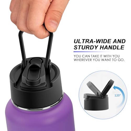 Image of Koodee 32 oz Water Bottle with Wide Handle Straw Lid, Vacuum Insulated 18 /8 Stainless Steel Wide Mouth Flask (Purple)