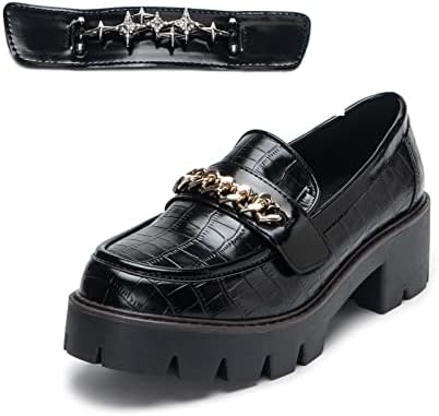 Loafers for Women Black Platform Low Heel Penny Leather Loafers Lug Sole Round Toe Chunky Loafers Women Shoes Slip on Replaceable Gold Chains Crocodile Pattern All Black Size 8.5