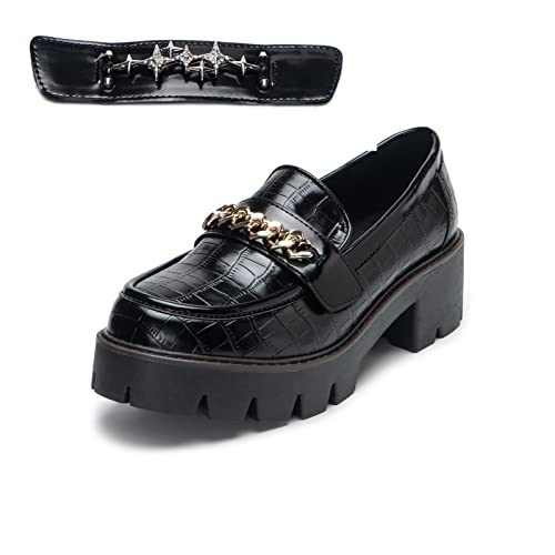 Loafers For Women Black Platform Low Heel Penny Leather Loafers Lug Sole Round Toe Chunky Loafers Women Shoes Slip On Replaceable Gold Chains Crocodile Pattern All Black Size 8.5 #TOP2