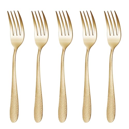 Image of 8.1 inch Hammered Aurum Gold Dinner Forks | 5-Piece Premium Stainless Steel Flatware Set | Elegant Dishwasher-Safe Cutlery for Home, Restaurants, and Gift Giving