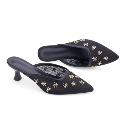 Image of Women Kitten Heel Mules Crystal Flower Decor Mesh Pointed Toe Low Heel Casual Pumps