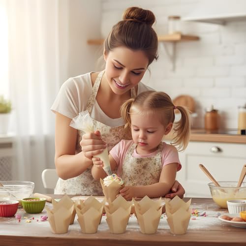 200pcs Tulip Cupcake Liners, Standard Greaseproof Paper Baking Cups Muffin Liners Holders Perfect for Bridal Showers, Baby Showers, Birthday Parties, Banquets, and Catering Events (Natural)