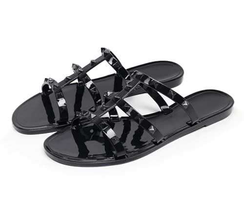 Image of Women Flats Sandals, Studded Jelly Shoes Size 9 Red Dressy Summer Beach Rivets Strappy Jellies Slide Slip On Open Toes