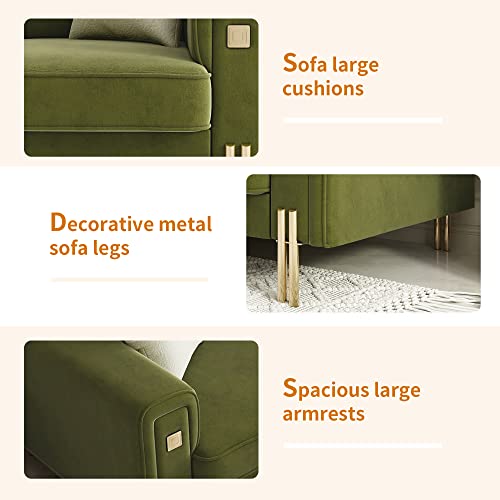 Kadway Green Velvet Sofa Couch, 91" Mid Century Modern Sectional Couch, Large Upholstered Deep Seat Couch With Gold Metal Legs For 3-4 Persons, 3 Seater Couches For Living Room Bedroom Home Office #TOP1