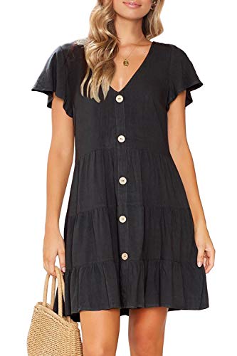 Image of MITILLY Women's Casual T-Shirt Dresses Sleeveless V Neck Button Down A Line Loose Swing Short Dress with Pockets