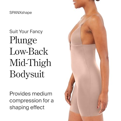 Image of SPANX SPANXshape Suit Your Fancy Plunge Low-Back Mid-Thigh Bodysuit - Comfortable One Piece - Medium Compression - Seamless