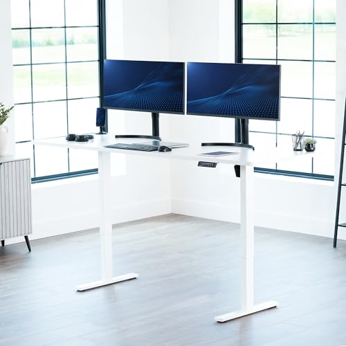 Image of VIVO White 83 x 30 in Standing Desk, DESK-KIT-1W8W | Electric, Holds 220 lbs, Sit Stand, Height Adjustable, Extra Deep Table Top, Memory Presets, 1B Series, White Frame