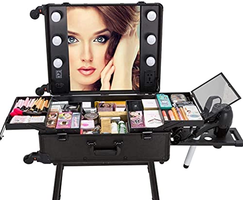 Image of Adson Rolling Makeup Trolley Makeup Box Case Train Vanity Case Storage Hairdressing Organiser for Salon, Artist Aluminum Cosmetic Storage Organizer with Light and Mirror (Black) 43.2 x 25.4 x 62.5 cm