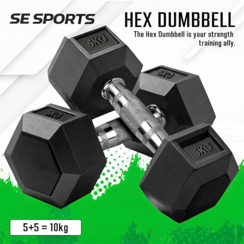 Image of Hex Dumbbells, Pair of 2, Rubber Coated Cast Iron, Steel Handle with Textured Grip, Strength Training (HEX DUMBBELLS 5 KG PAIR)