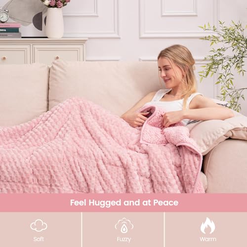 Image of Super Fuzzy Soft Fleece Sherpa Weighted Blanket 15 lbs for Adults, 3D Imitation Turtle Shell Luxury Weighted Throw for Better Sleep, Dual Sided Cozy Heavy Blankets for Couch Bed, Pink, 48 inch x 72 inch