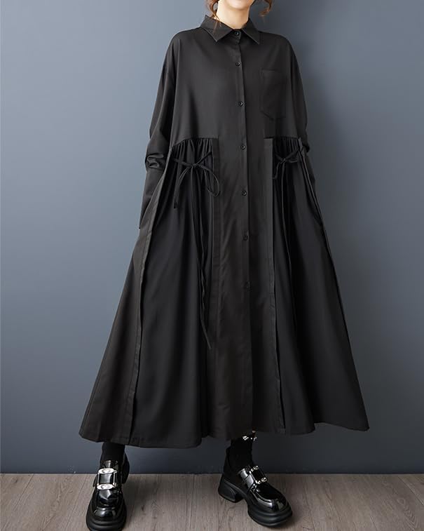 ellazhu Women's Shirt Dress Lapel Button Down Oversize Long Sleeve Solid GZ603 A - Image 4