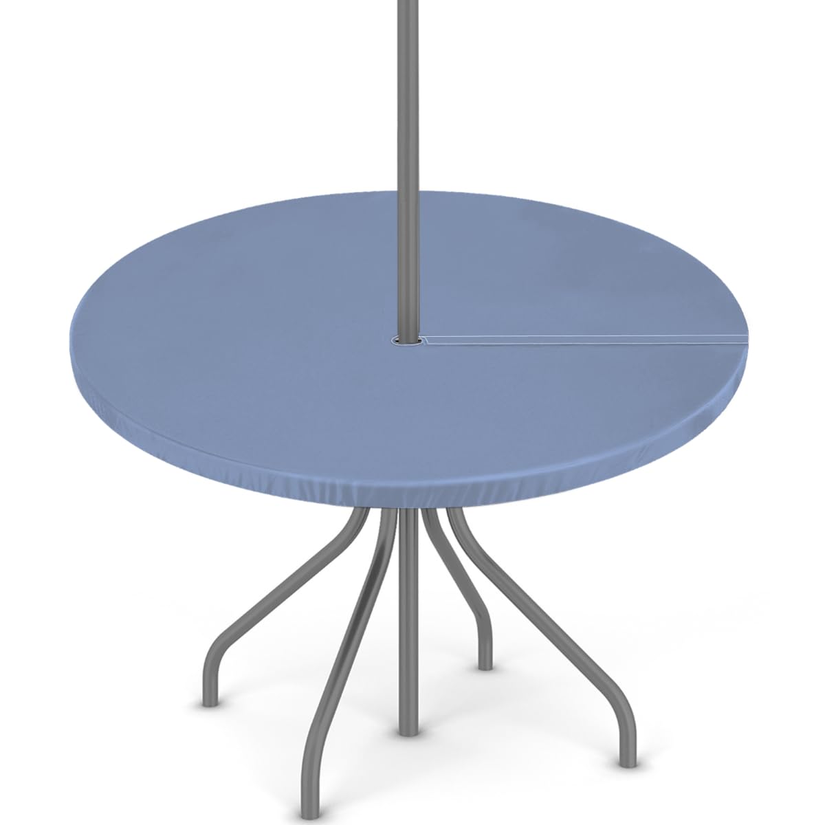 Mexpekil Round Outdoor Tablecloth with Umbrella Hole, Misty Blue Wipeable Waterproof Elastic Edge Fitted Table Cover for Patio Garden Picnic, Fit for 36"-44" Round Tables