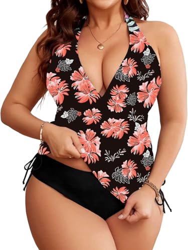 Yutdeng Tankinis Mujer Tallas Grandes Trajes de Baño 2 Piezas Bañadores Push Up con Relleno Halter Cuello V Tankini Reductores Top con Tanga Vientre Plano Bañador Talla Grande Mujer,Negro,XL