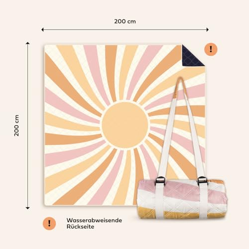 NAYA Studios® Picknickdecken (Sonne) - extra große Picknickdecke 200x200 cm - waschbare Campingdecke - Stranddecke XXL - Picknickdecke wasserabweisend - Decke Outdoor - Strandmatte gepolstert