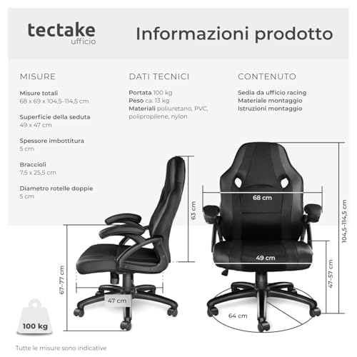 ® Sedia da Ufficio Ergonomica, Poltrona Gaming con Rivestimento in Similpelle, Regolabile in Altezza, Rotazione a 360 Gradi, Base Stabile con 5 Rotelle, Design Sportivo - Nero - Sedia gaming - Immagine 1