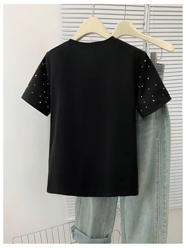 Image of RoseSeek Women's Beaded Sequin Tops Bowknot Bow T Shirt Short Sleeve Crewneck Trendy Tee Top Y2k Tops