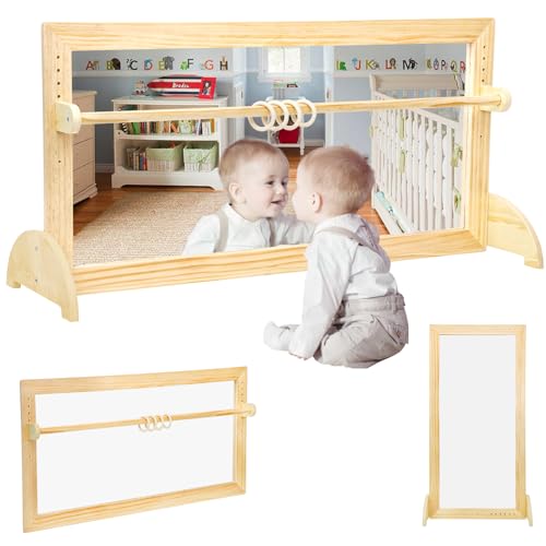 Image of Montessori Mirror Baby Wall 3-in-1 Shatterproof Infant Coordination Mirror & Wooden Pull Up Bar - Enhance the baby's self-awareness and spatial sense,It is suitable for nurseries and home schools