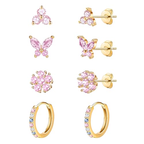 20G Gold Studs Earrings for Women,14K Gold Plated Hypoallergenic Butterfly Earrings for Girls,4 Pairs Flower/Butterfly/Cubic Zirconia Cute Earring and Trendy Huggie Hoop Dainty Multipack Earring Sets