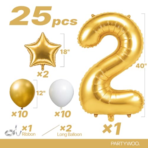 Image of PartyWoo Metallic Gold Number 2 Balloon 40 Inch 25pcs Gold Foil Star White