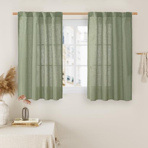 LAMIT Sage Green Semi Sheer Window Linen Curtains, 54 Inch Length Light Filtering Panels Back Tab and Rod Pocket Neutral Drapes for Bedroom/Living Room, 2 Panels, 34 x 54 Inch