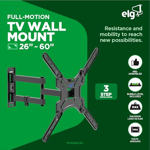 Image of ELG Full-Motion TV Wall Mount for 26-60 inch Flat & Curved TVs Single-Stud Articulating Bracket, 16.5 inch Extension, Tilt +5 /-10, Swivel 90, VESA 400x400, Holds Upto 30 Kgs.with Hardware Kit- MT400AR-EX