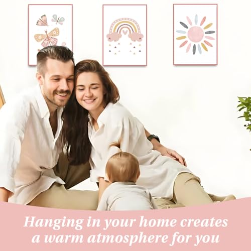 AUEFUDQ 3 Stücke Bilder Kinderzimmer Poster Regenbogen Herzen Boho Wandposter, Bilder Set Junge Mädchen Babyzimmer Kinderbilder, Wandposter Premium, Ohne Rahmen(21x30cm)