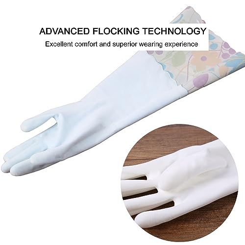 Bamllum 3 Pairs Rubber Cleaning Gloves, Household Kitchen Dishwashing Gloves with Cotton Flocked Liner, Long Cuff 16 Inches, Reusable, Non-Slip (Medium, Blue+Pink+White) - Image 3