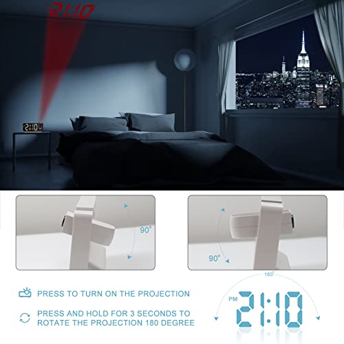Kadams Projection Alarm Clock For Bedroom Ceiling & Wall, 180° Projection, Large Mirror Led Screen, Usb Charging Port, Loud Dual Alarm Clock & Snooze, Date, Time & Temperature Display (White) #TOP1