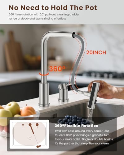 Image of 3 Hole Kitchen Faucet, Multi-Function Waterfall Kitchen Faucet with Soap Dispenser and Pull Down Sprayer, Stainless Steel 3 Pieces Sink Faucets with Separate Handle, Brushed Nickel