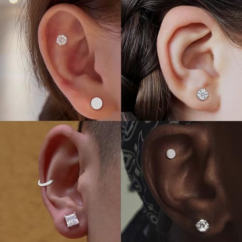 Magnetic Earrings for Men and Women, 4 Pairs Clip on Earrings Stainless Steel Stud Earrings Hypoallergenic Cubic Zirconia Studs Small Non-piercing Silver Ear Cuff Black Fake Earring Set 6-8MM2