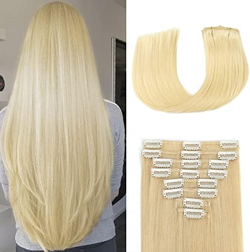 Clip in Hair Extensions Real Human Hair Double Weft Handmade Straight Human Hair Extensions 8pcs 70g 100% Brazilian Virgin Human Hair for Women(#613 Blonde,18inch)