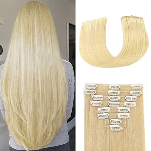 Clip In Hair Extensions Real Human Hair Double Weft Handmade Straight Human Hair Extensions 8Pcs 70G 100% Brazilian Virgin Human Hair For Women(#613 Blonde,18Inch) #TOP2