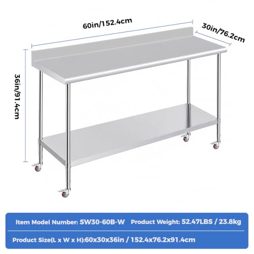 Image of OSTBA Stainless Steel Table for Prep & Work 30x60 Inches with Casters Wheels and Backsplash, NSF Metal Commercial Heavy Duty Table with Adjustable Undershelf for Restaurant Kitchen Home and Hotel
